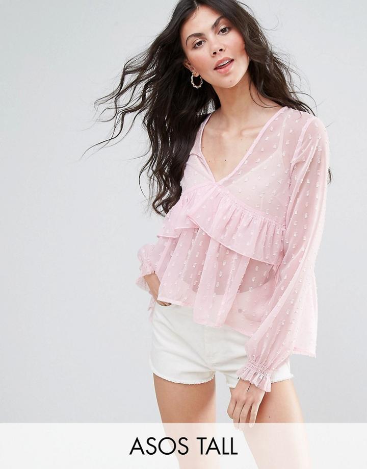 Asos Tall Swing Blouse With V-neck And Ruffle Detail In Dobby - Pink