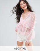 Asos Tall Swing Blouse With V-neck And Ruffle Detail In Dobby - Pink