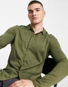 Asos Design Long Sleeve Button Through Jersey Shirt In Khaki-green