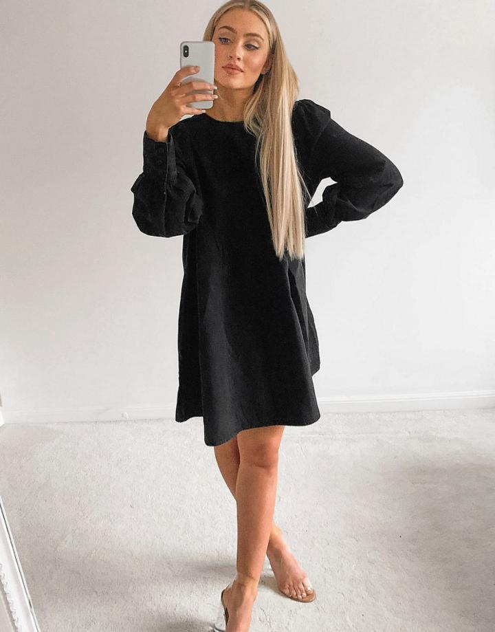 Asos Design Soft Denim Puff Sleeve Smock Dress In Washed Black