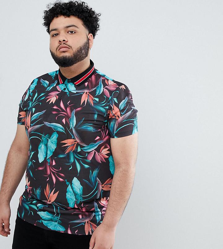 Asos Design Plus Polo With All Over Floral Print And Tipped Collar - Black