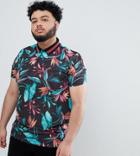 Asos Design Plus Polo With All Over Floral Print And Tipped Collar - Black