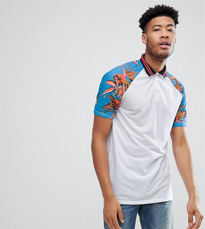 Asos Design Tall Longline Polo With Floral Sleeve And Tipped Collar In Pique - White