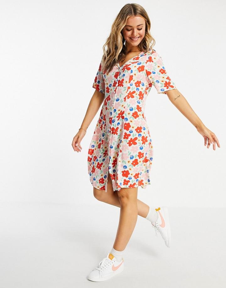 Monki Winona Mini Smock Dress With Button Through In Floral Print-multi