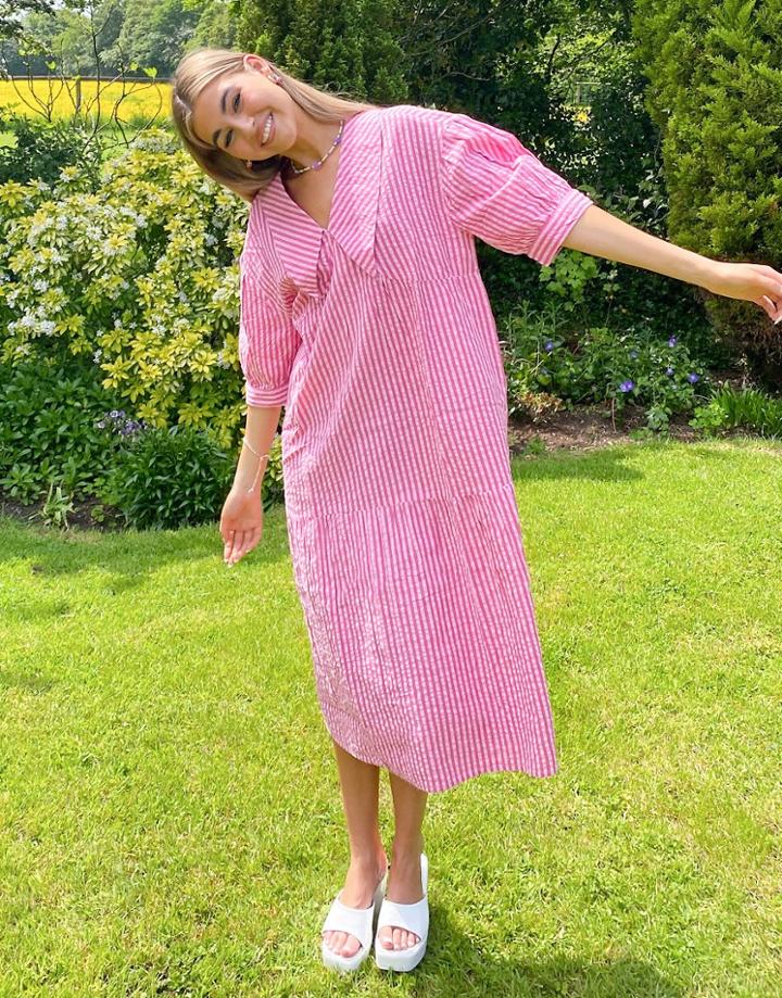 Native Youth Collar Smock Dress In Neon Pink Stripe