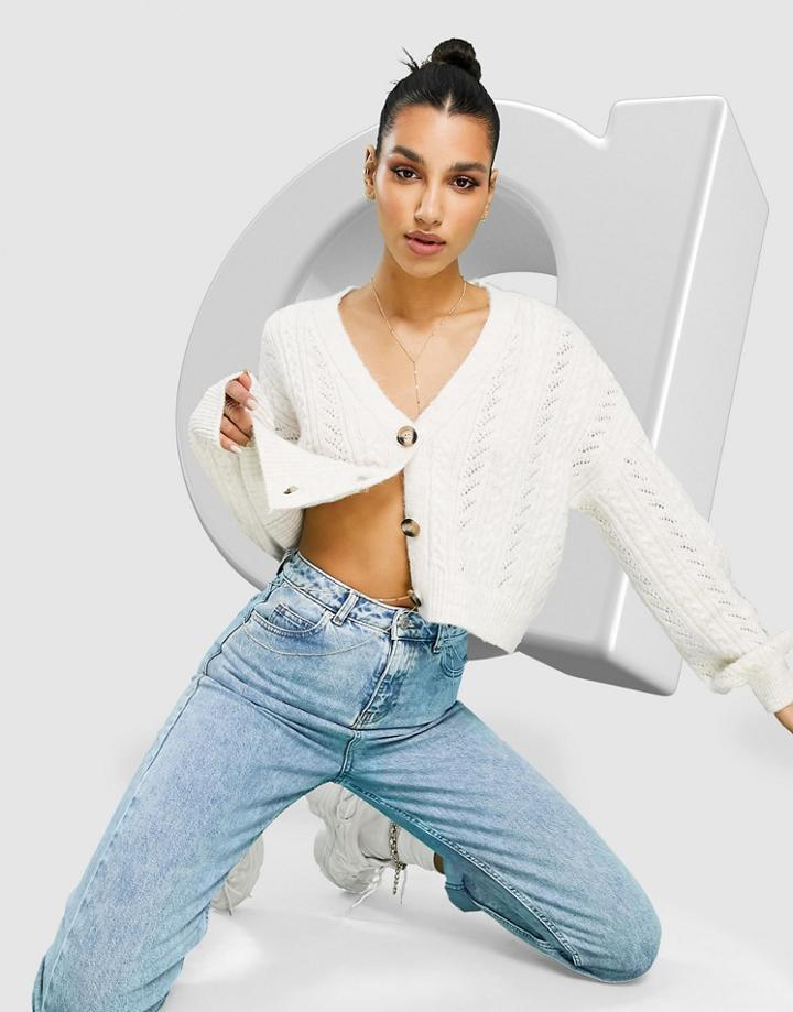 Asos Design Cable V-neck Cardigan In Cream-white