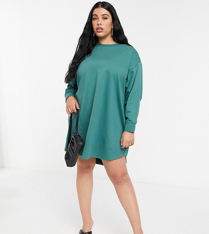 Asos Design Curve Oversized Smock Back Sweatshirt Dress In Green