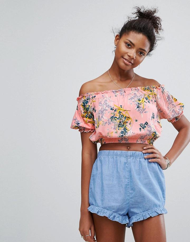 New Look Bardot Frill Edge Floral Print Crop Top - Pink