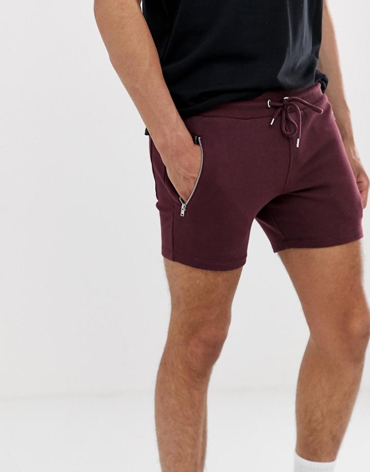 Asos Design Jersey Skinny Shorts With Zip Pockets In Burgundy-red