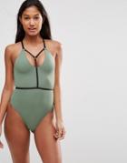 Asos Elastic Harness Contrast Plunge Swimsuit - Green