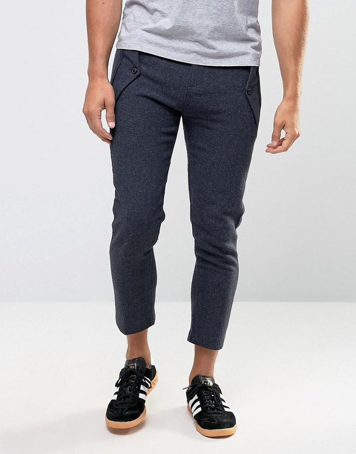 Asos Tapered Cropped Smart Pants In Blue Herringbone - Navy