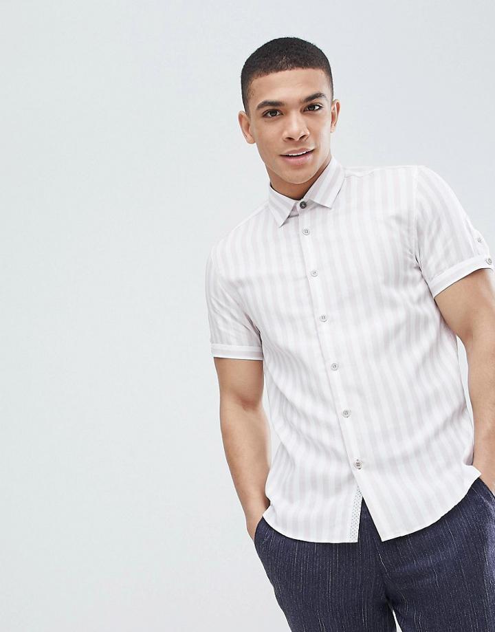 Ted Baker Slim Stripe Short Sleeve Shirt In White - Pink