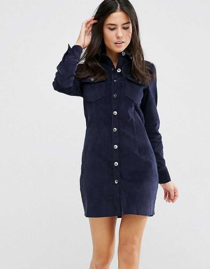 Love & Other Things Corduroy Button Front Shirt Dress - Blue