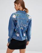 New Look Embroidered Souvenir Denim Jacket - Blue