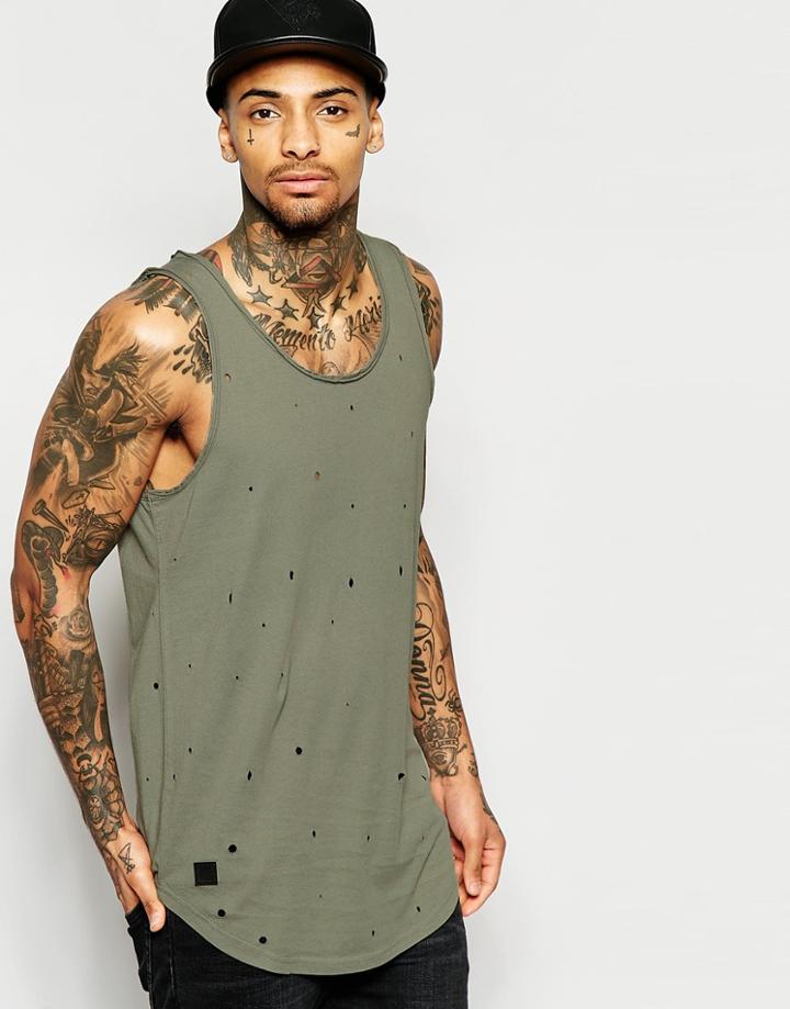 Black Kaviar Longline Tank With Distressing - Khaki
