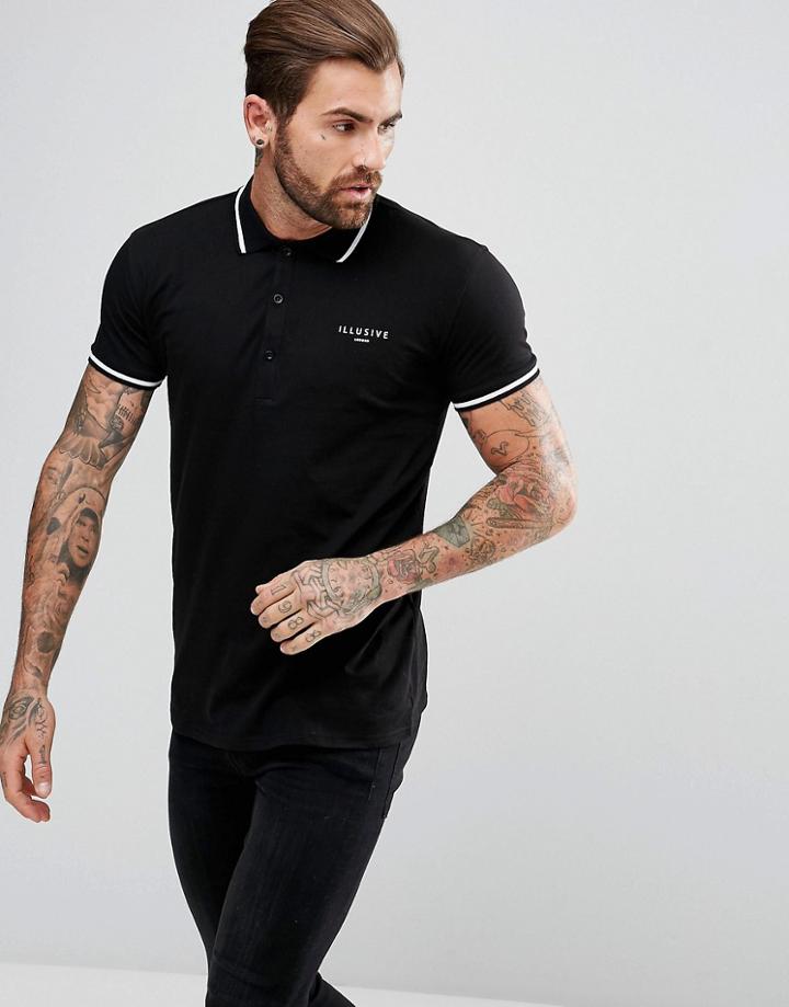Illusive London Muscle Polo Shirt In Black - Black