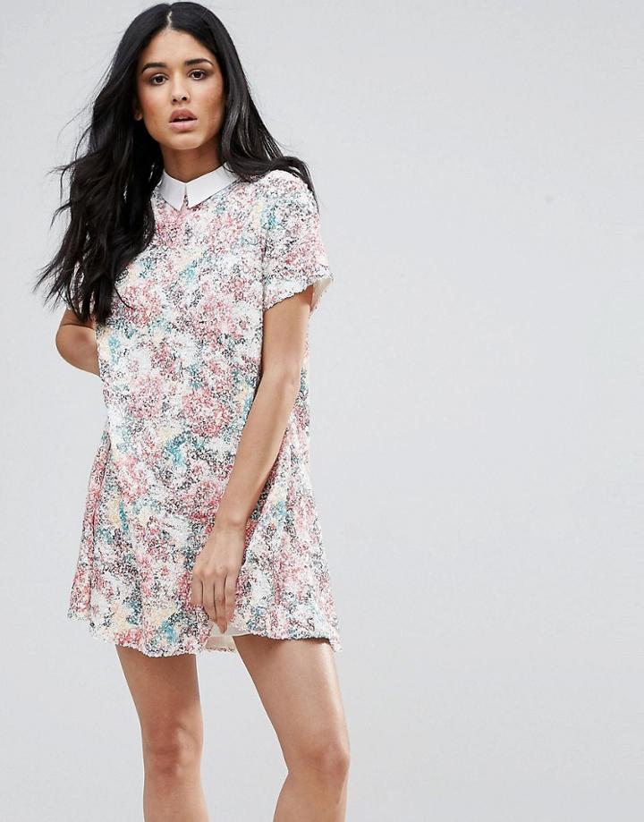 Endless Rose Short Sleeve Floral Shift Dress With Collared Detail - Pink