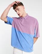 Asos Design Oversized Terry Polo T-shirt In Blue & Purple Color Block-multi