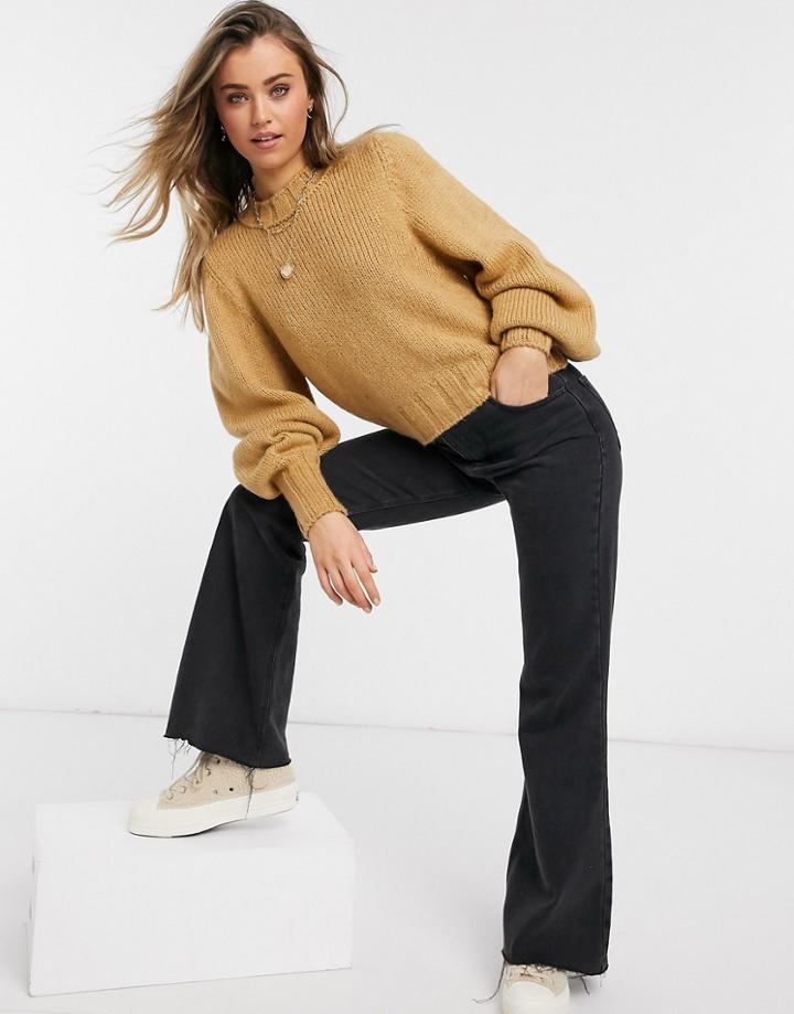 Asos Design Boxy Sweater With Volume Sleeves And Ribbed Cuffs In Camel-neutral