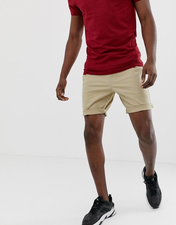 Asos Design Skinny Chino Shorts In Putty With Elastic Waist - Beige