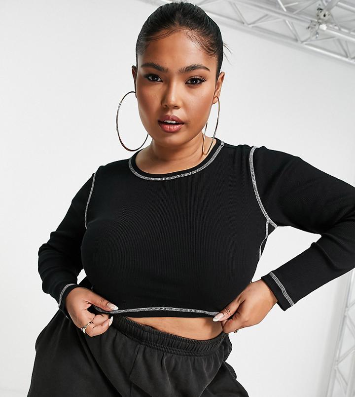Asos Design Curve Long Sleeve Top With Contrast Stitch Detail In Black
