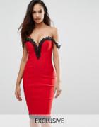 Rare London Sweetheart Midi Dress With Lace Trim - Red