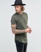 Asos Longline Muscle T-shirt With Speckle Distress And Curved Hem In Khaki - Khaki