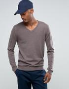 Asos V-neck Cotton Sweater In Brown - Brown