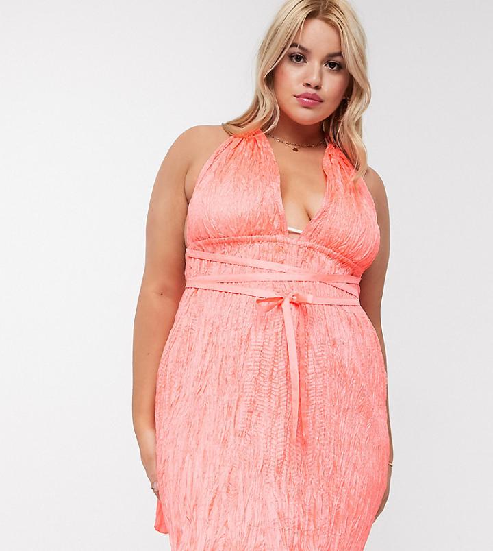Asos Design Curve Beach Sundress With Shirred Waist In Neon Coral-orange