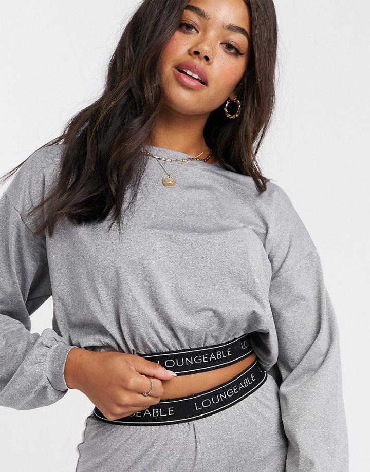 Loungeable Balloon Sleeve Lounge Crop Top With Logo Elastic Detail In Gray Marl