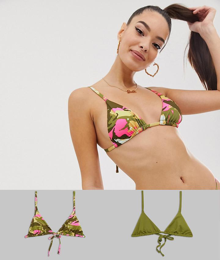 Asos Design Multi Pack Triangle Bikini Top In Khaki And Pink Camo Print