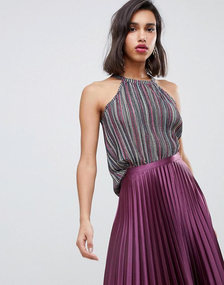 River Island High Neck Tank In Metallic Stripe-multi