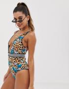 Asos Design Animal Tropical Print Elastic Belted Swimsuit - Multi