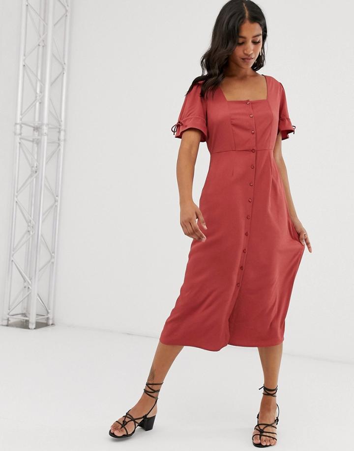 Vero Moda Button Front Square Neck Midi Dress - Pink
