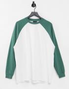 Asos Design Oversized Long Sleeve T-shirt With Contrast Raglan Seam In White And Green-multi