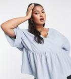 Asos Design Curve Wrap Top With Angel Sleeve & Peplum Hem In Light Blue