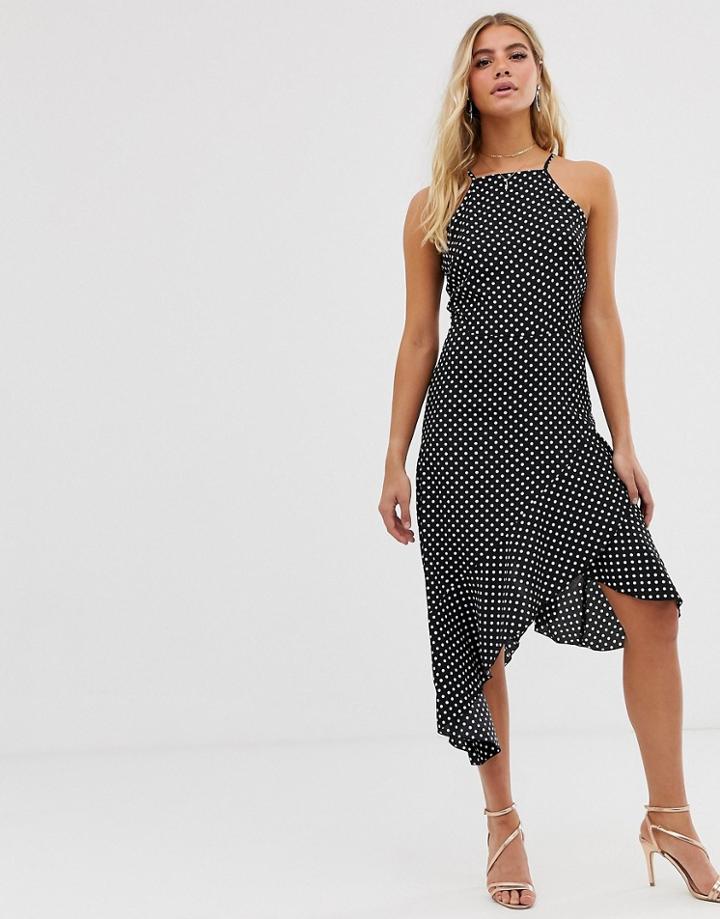 Boohoo High Neck Midi Dress With Asymmetric Frill Hem In Black And White Polka Dot - Multi