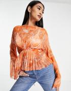 Asos Design Pleated Long Sleeve Blouse With Twist Front In Orange Floral-multi