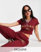 Reclaimed Vintage Shrunken T-shirt With Tipping And Logo In Burgundy - Part Of A Set-red