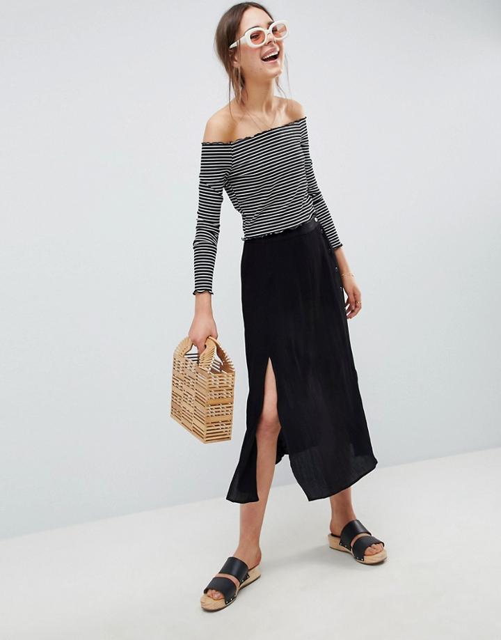 Asos Design Crinkle Midaxi Skirt With Buttons And Double Split - Blue