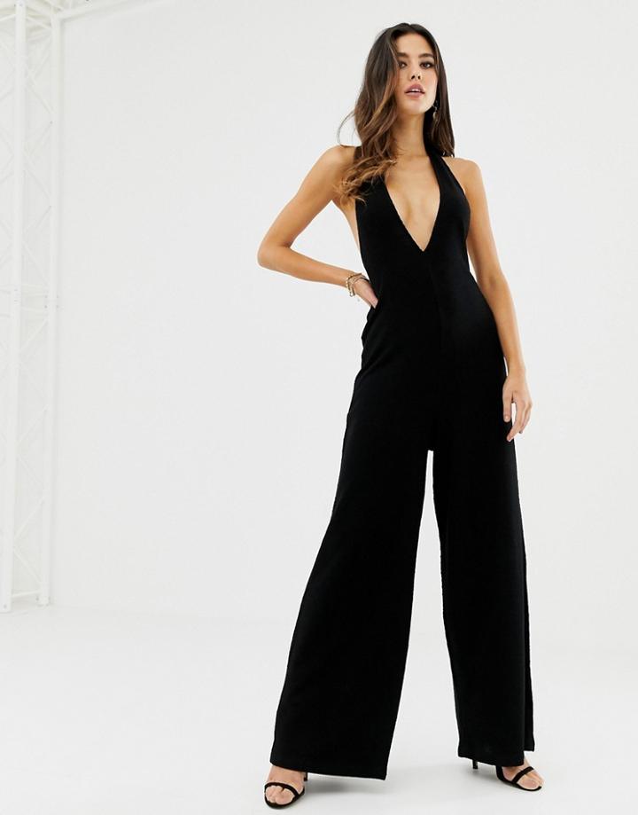 Asos Design Halter Neck Jumpsuit With Plunge Front - Black