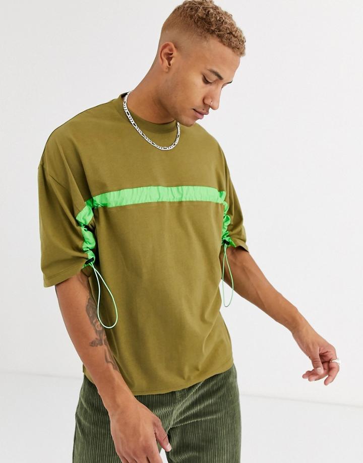Asos Design Oversized T-shirt With Half Sleeve And Neon Drawcord