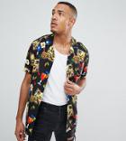 Asos Design Tall Regular Fit Cocktail Print Shirt With Revere Collar - Black