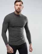 Asos Longline Muscle Long Sleeve T-shirt With Curved Hem In Textured Fabric - Gray