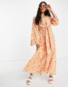 Asos Design Tie Front Midi Dress In 70s Floral Print-multi
