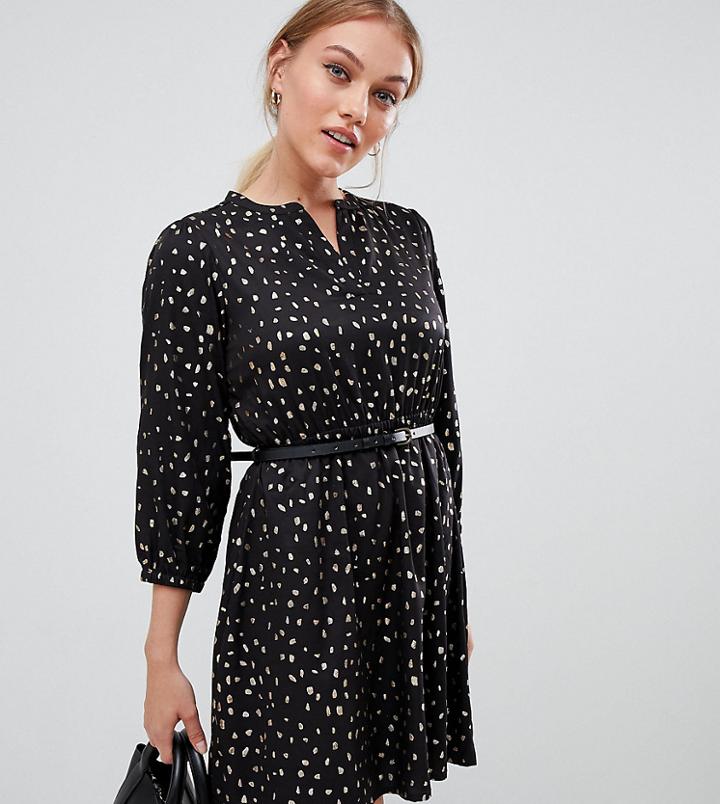 Yumi Petite Belted Dress With 3/4 Sleeves In Foil Spoldge Print - Black