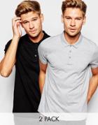 Asos Jersey Polo 2 Pack In Gray Marl And Black Save 15%