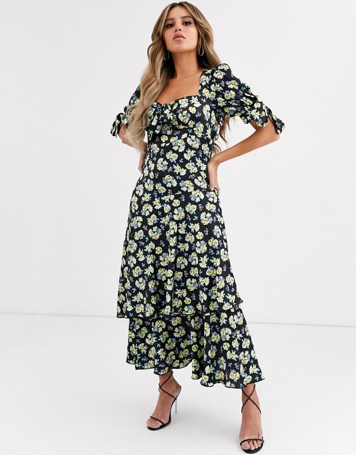 Asos Design Grunge Floral Maxi Tea Dress With Tie Front