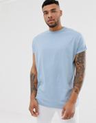 Asos Design Oversized Longline T-shirt With Roll Sleeve In Blue - Blue