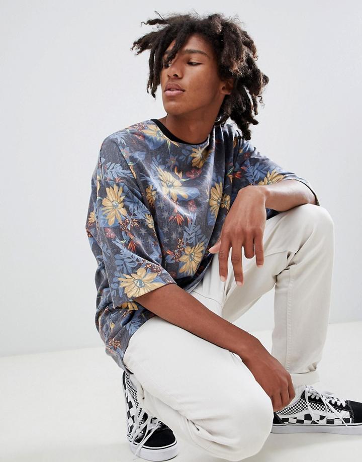 Asos Design Oversized Longline T-shirt With All Over Floral Print In Textured Fabric - Multi